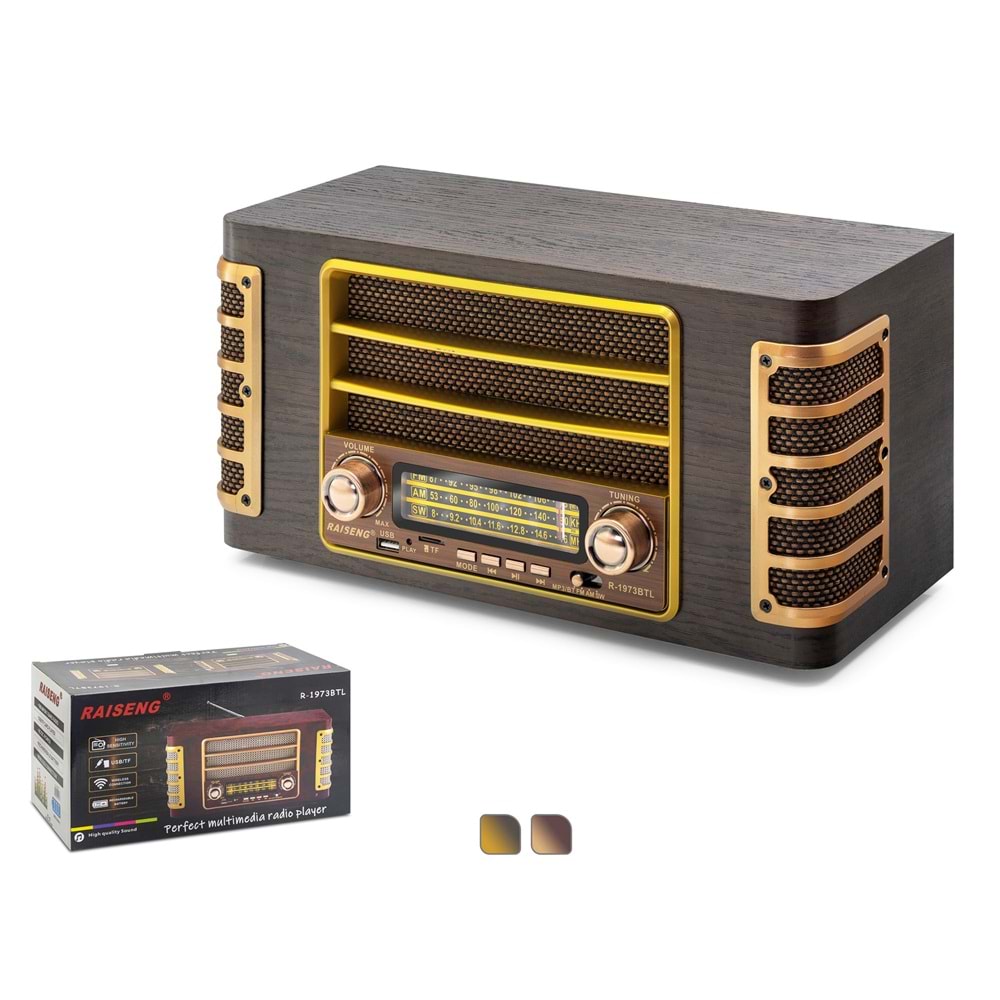 RAISENG R1973BTL Bluetooth Nostaljik FM Radyo USB TF Hoparlör - Kahverengi