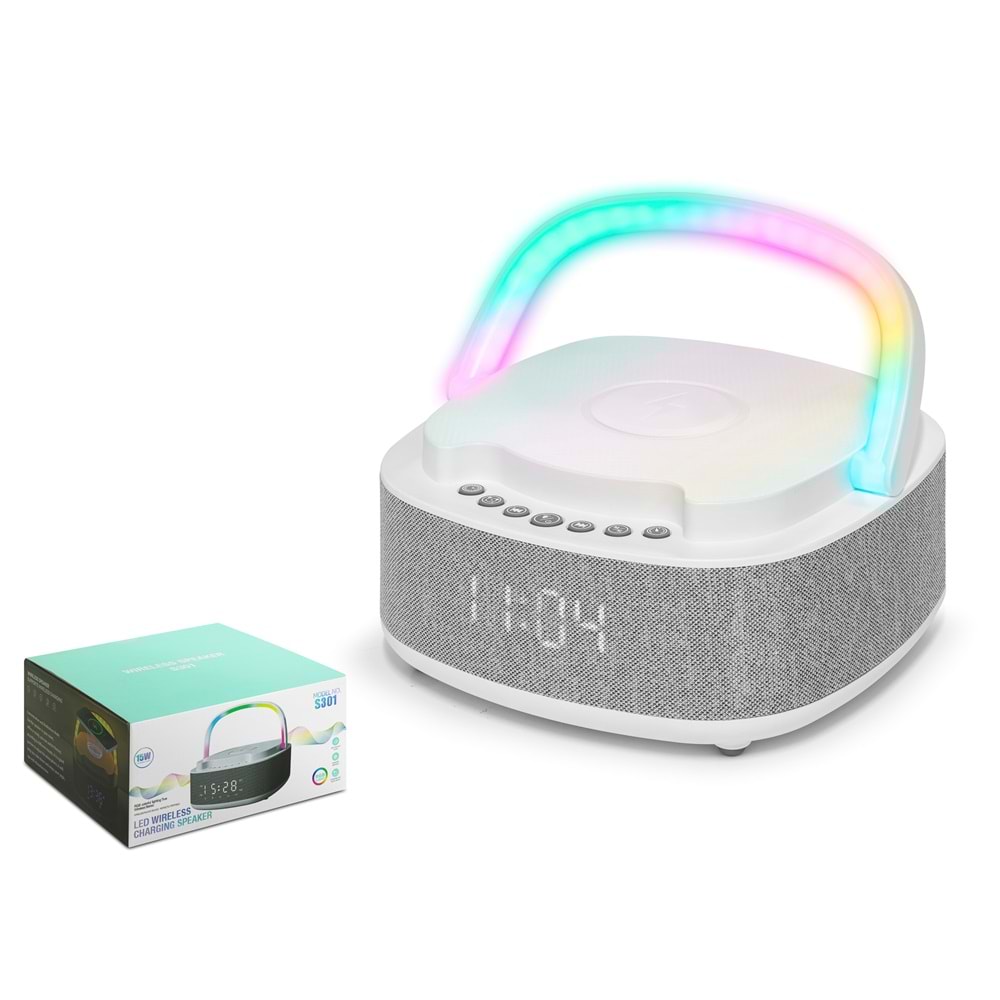 HADRON S301 Bluetooth Hoparlör FM Radyo 15W TWS USB TF Qi Kablosuz Şarjlı Saatli RGB - Beyaz