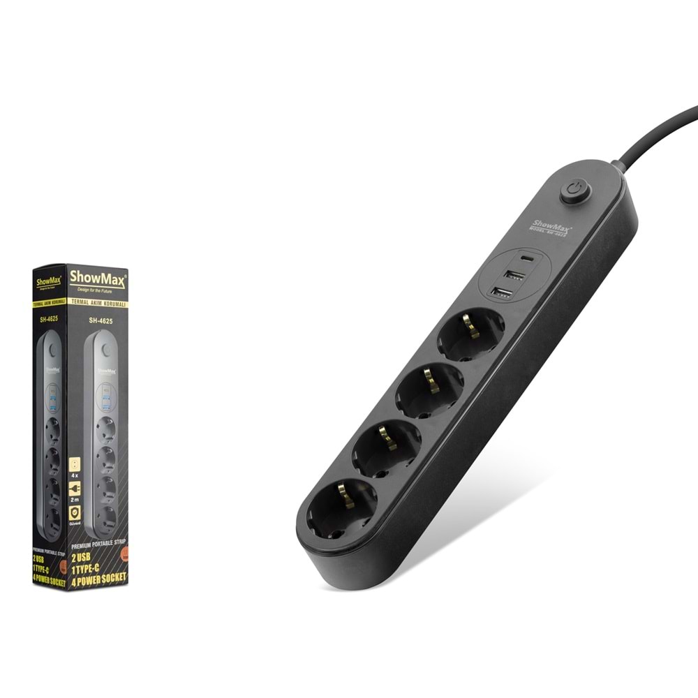 SHOWMAX SH4625 Termal Akım Korumalı Uzatma Kablosu 4 Priz 2 USB Type-C Anahtarlı 2 m - Siyah