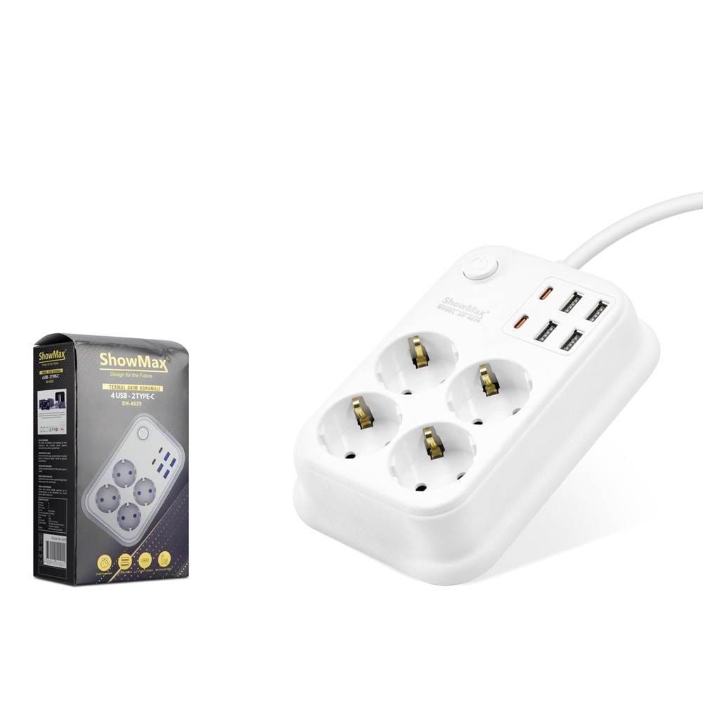 SHOWMAX SH4629 Topraklı Termal Akım Korumalı Uzatma Kablosu Anahtarlı 4 Priz 4 USB 2 Type-C 2 m Beyaz