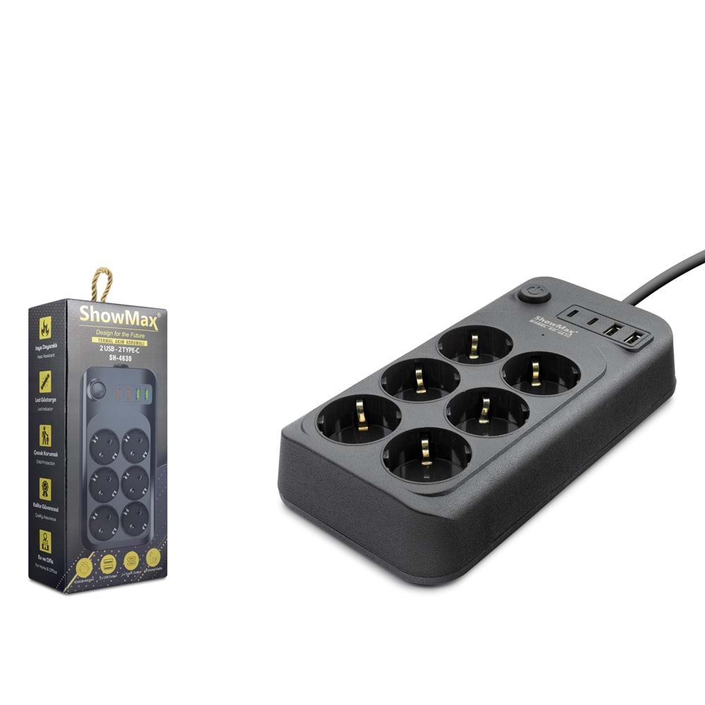 SHOWMAX SH4630 Termal Akım Korumalı Uzatma Kablosu 6 Priz 2 USB 2 Type-C Anahtarlı 2 m - Siyah