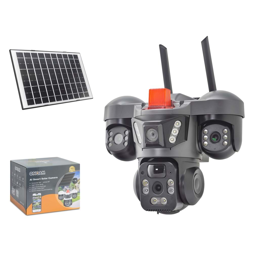 VENAS ON-SW2366 Solar Wi-Fi IP Güvenlik Kamerası 3 Lens 3×2MP 4mm V380PRO Hareket Takipli - Siyah