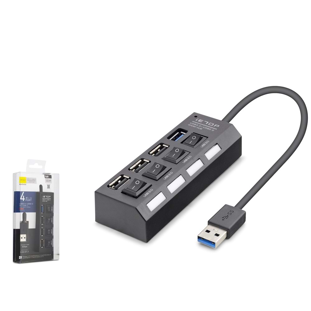 iETOP U3202 USB 3.0 Anahtarlı Hub 4 Port 5 Gbps Siyah