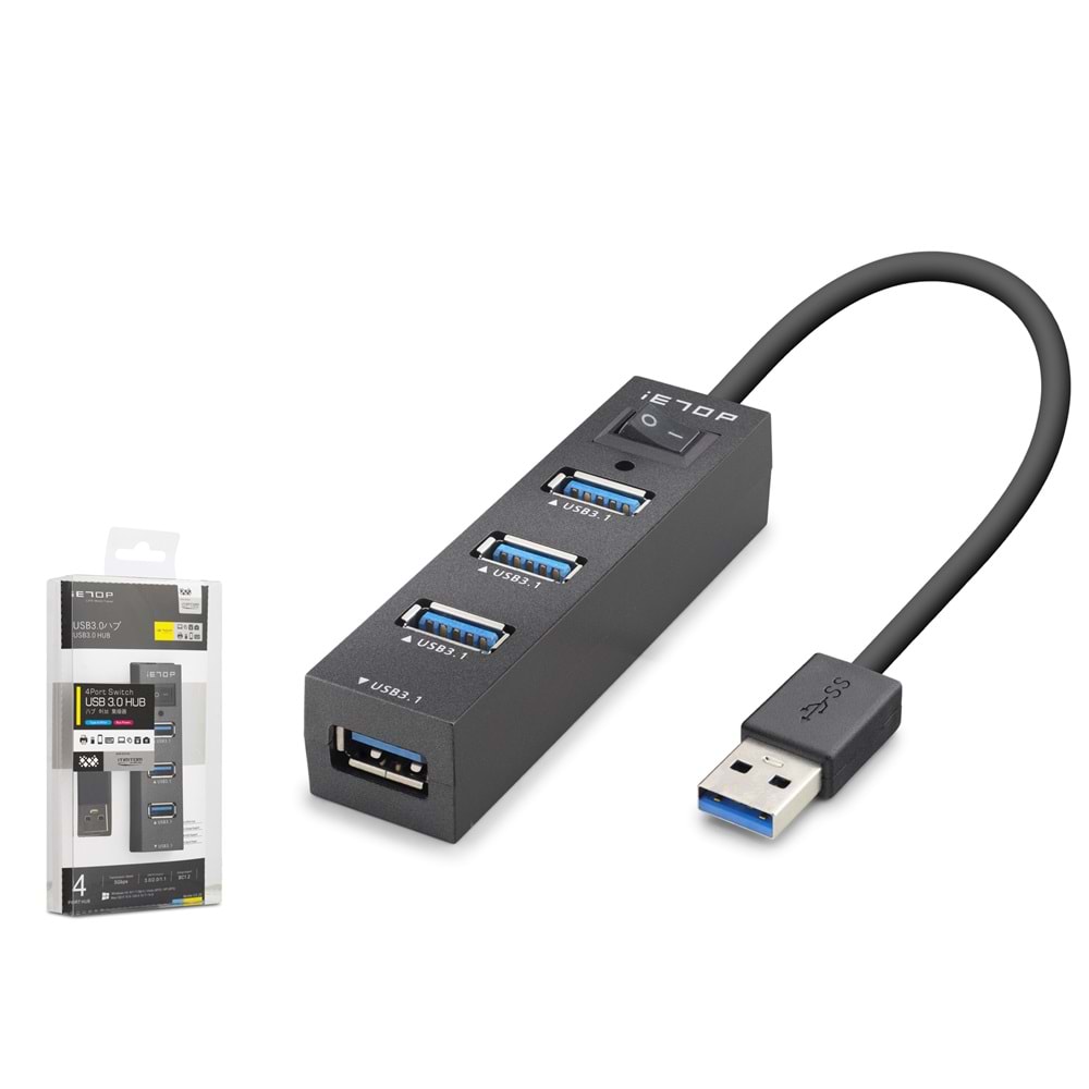 iETOP U329 USB 3.1 Gen1 Anahtarlı Hub 4 Port 5 Gbps Siyah