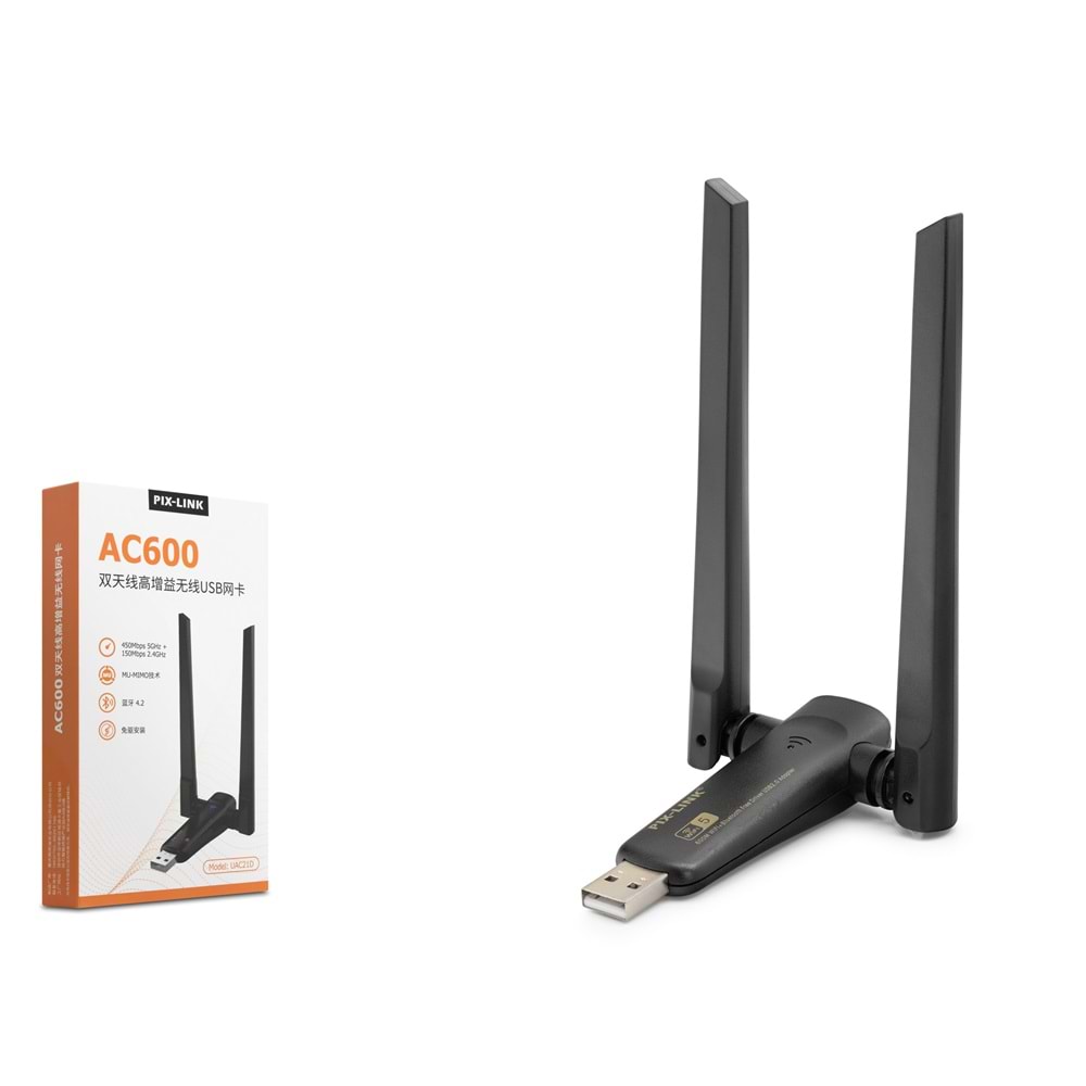 PIX-LINK UAC21D USB WiFi Adaptör 2.4 Ghz Bluetooth 4.2 AC600 Dual Band - Siyah