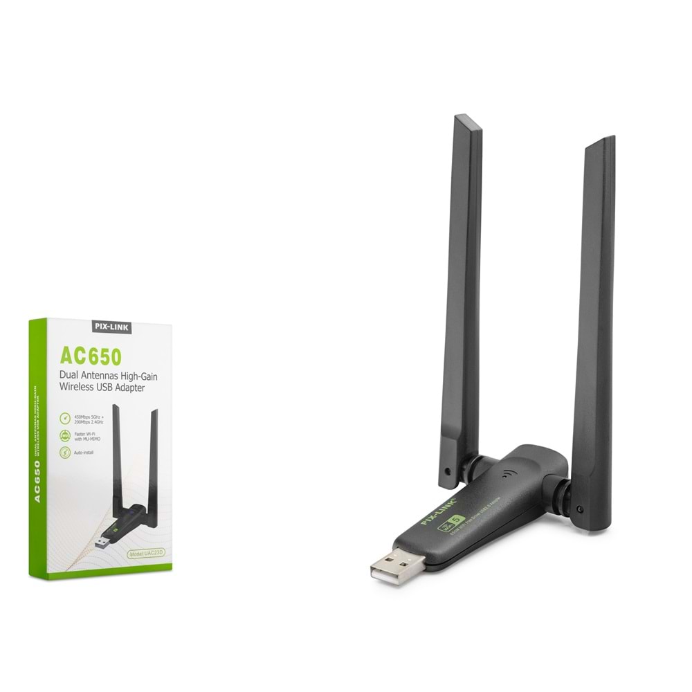 PIX-LINK UAC23D USB WiFi Adaptör AC650 Dual Band - Siyah