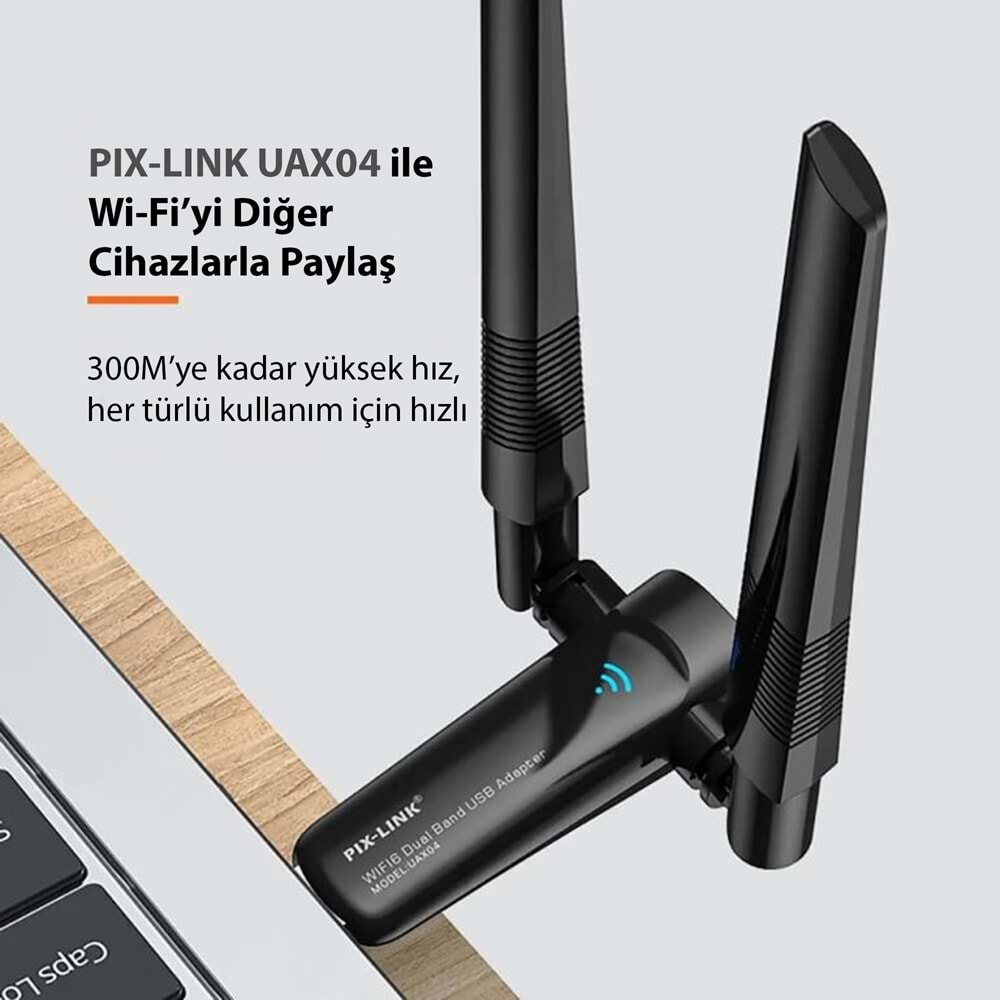 PIXLINK UAX04 USB WiFi Adaptörü AX1800 Dual Band 5 GHz WiFi 6 Siyah