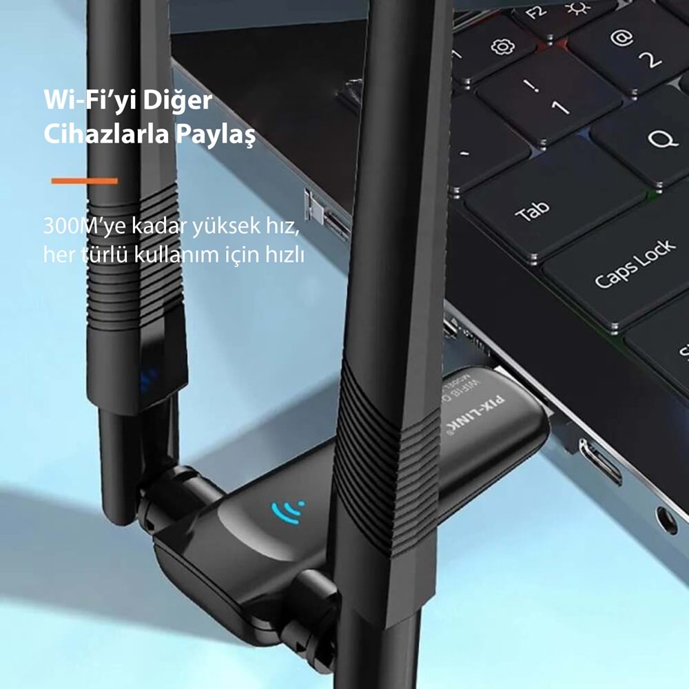 PIXLINK UAX04 USB WiFi Adaptörü AX1800 Dual Band 5 GHz WiFi 6 Siyah