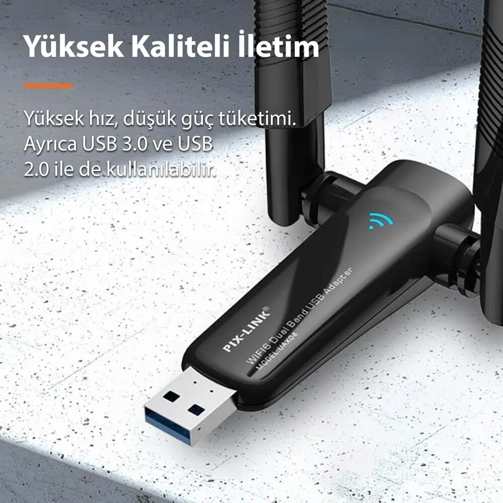 PIXLINK UAX04 USB WiFi Adaptörü AX1800 Dual Band 5 GHz WiFi 6 Siyah