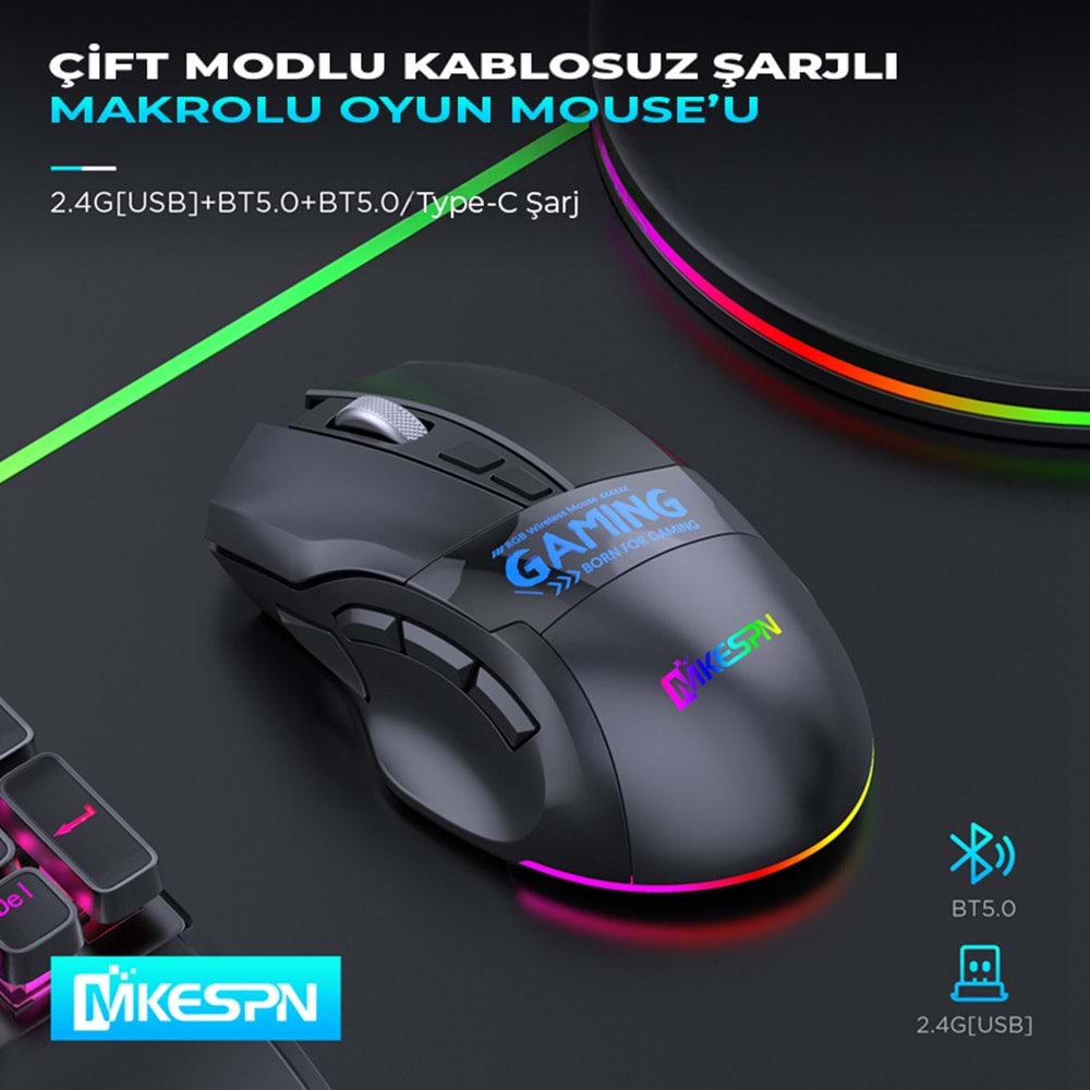 MKESPN W10 Dual Mode Kablosuz Gaming Mouse 2400 DPI 9 Tuş 500Hz RGB - Siyah