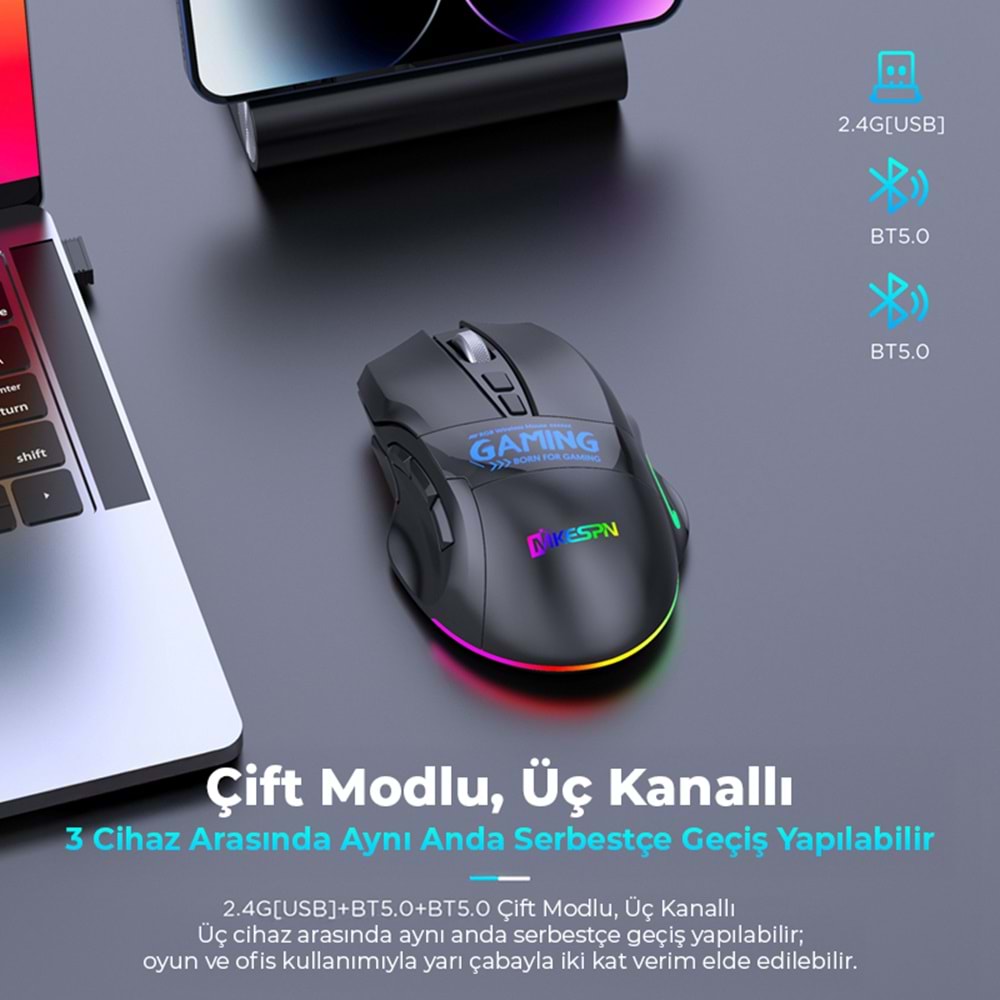 MKESPN W10 Dual Mode Kablosuz Gaming Mouse 2400 DPI 9 Tuş 500Hz RGB - Siyah