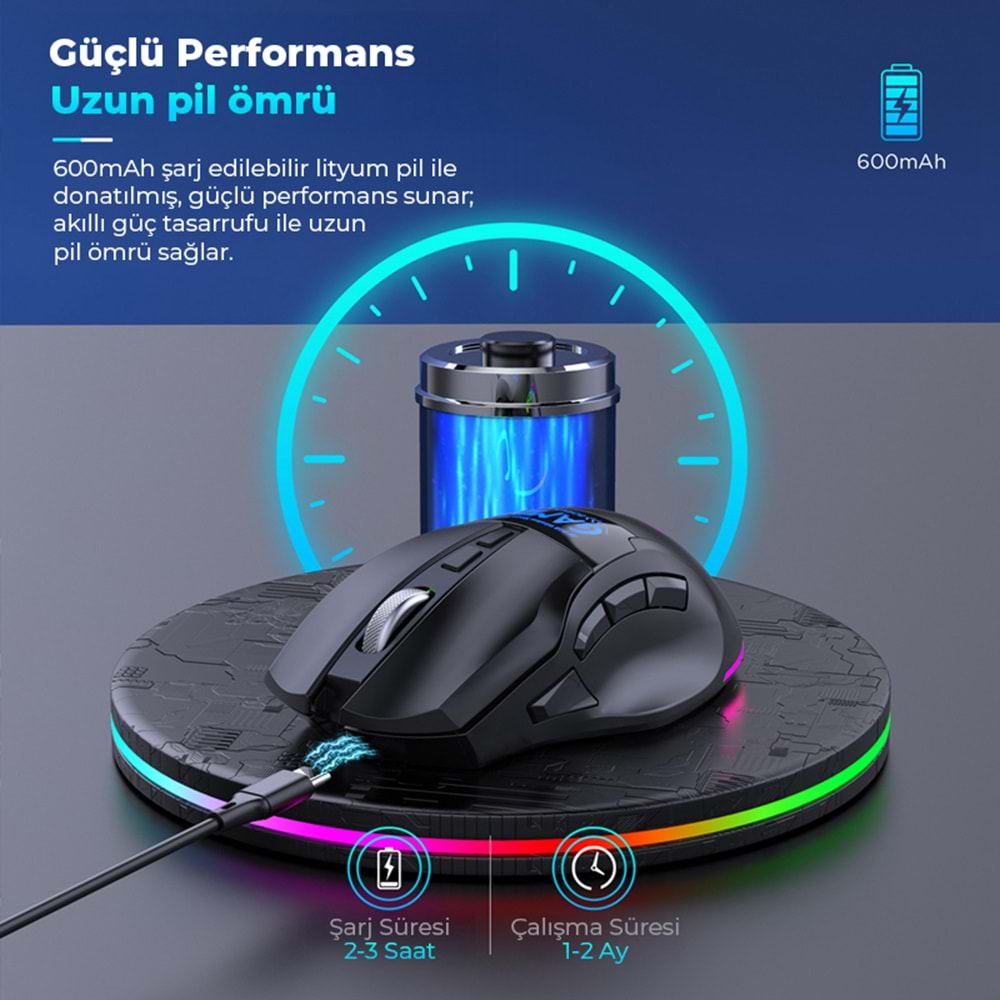 MKESPN W10 Dual Mode Kablosuz Gaming Mouse 2400 DPI 9 Tuş 500Hz RGB - Siyah