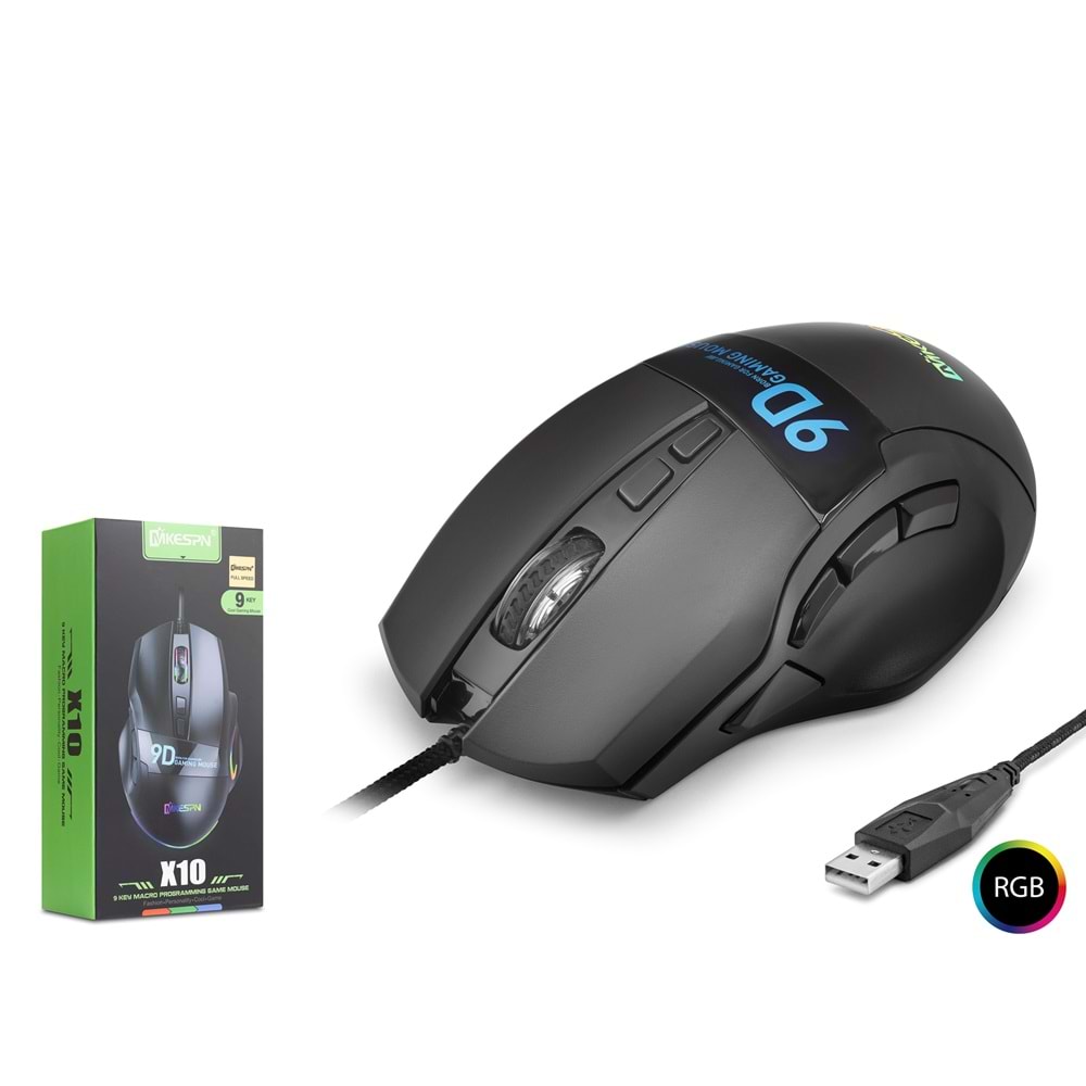 MKESPN X10 Gaming Mouse 12800 DPI 9 Tuş Makro 1000Hz RGB - Siyah