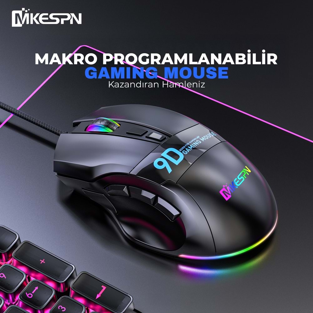 MKESPN X10 RGB Gaming Mouse 12800 DPI 9 Tuş Makro 1000Hz Siyah