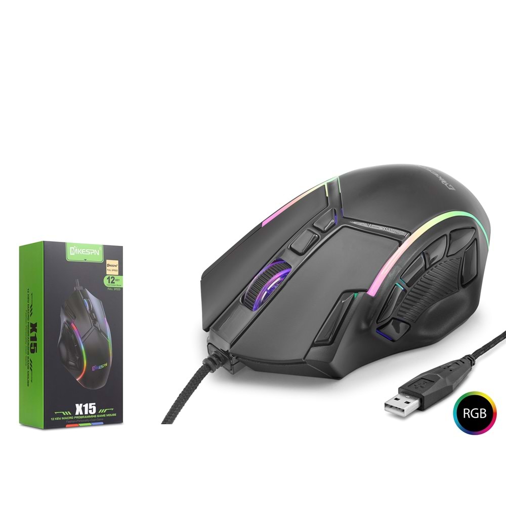 MKESPN X15 Gaming Mouse 12800 DPI 12 Tuş Makro 1000Hz RGB - Siyah