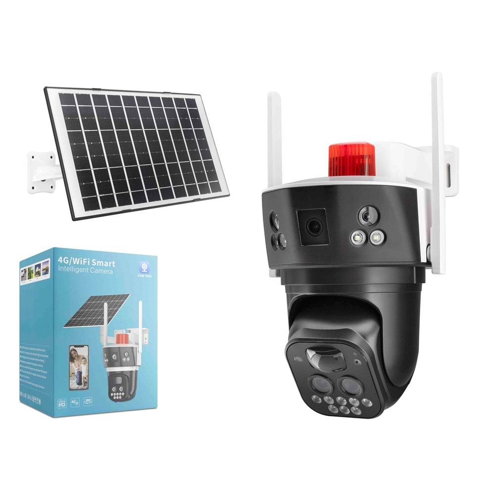 X5-Tech YT-59G Solar 4G SIM Kartlı IP Güvenlik Kamerası 2 Lens 2×3MP 10× Zoom V380 Hareket Takipli - Siyah