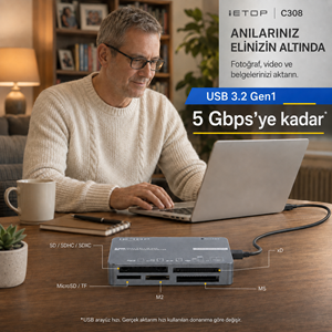 iETOP C308 USB 3.2 Gen1 All in One Kart Okuyucu CF SD MicroSD MS XD 5 Gbps Siyah