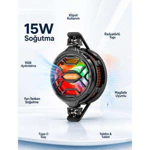 HADRON HDX4382 Manyetik Klipsli MagSafe Uyumlu Telefon Tablet Soğutucu Fan 15W RGB Siyah