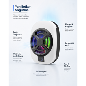 HADRON HDX4612 Manyetik Telefon Soğutucu Fan RGB Isı Göstergeli Beyaz