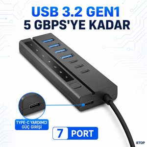 iETOP HDX7062 USB Type-C 3.2 Gen1 Anahtarlı Hub 7 Port 5 Gbps Siyah