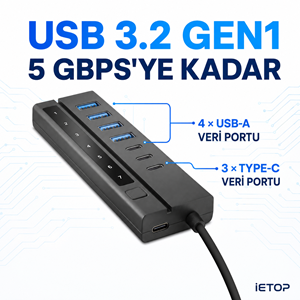 iETOP HDX7062 USB Type-C 3.2 Gen1 Anahtarlı Hub 7 Port 5 Gbps Siyah