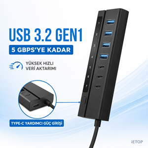 iETOP HDX7062 USB Type-C 3.2 Gen1 Anahtarlı Hub 7 Port 5 Gbps Siyah