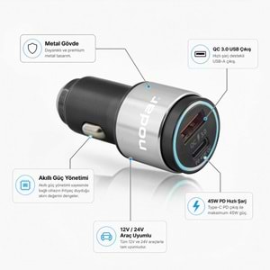 NODAR ND1076 Araç Şarj Adaptörü USB Type-C PD QC 3.0 45W Metal Siyah