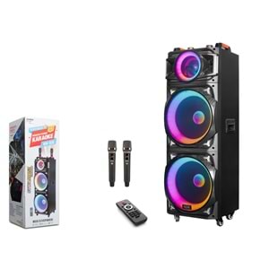 NDR NDR1526 Çift Karaoke Mikrofonlu Bluetooth Hoparlör FM Radyo 100W 2x15 İnç RGB Kumandalı Siyah