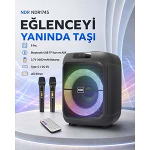 NDR NDR1745 Çift Karaoke Mikrofonlu Bluetooth Hoparlör FM Radyo 20W 8 İnç RGB Kumandalı Siyah