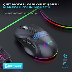 MKESPN W10 Dual Mode Kablosuz Gaming Mouse 2400 DPI 9 Tuş 500Hz RGB - Siyah