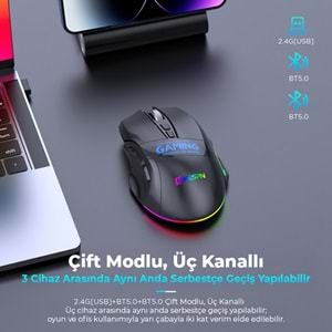 MKESPN W10 Dual Mode Kablosuz Gaming Mouse 2400 DPI 9 Tuş 500Hz RGB - Siyah