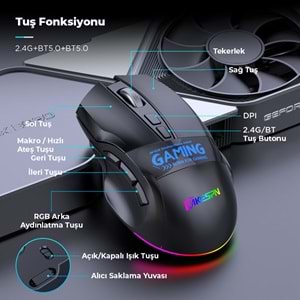 MKESPN W10 Dual Mode Kablosuz Gaming Mouse 2400 DPI 9 Tuş 500Hz RGB - Siyah