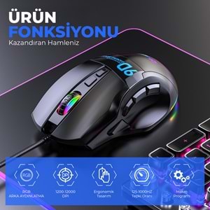 MKESPN X10 RGB Gaming Mouse 12800 DPI 9 Tuş Makro 1000Hz Siyah