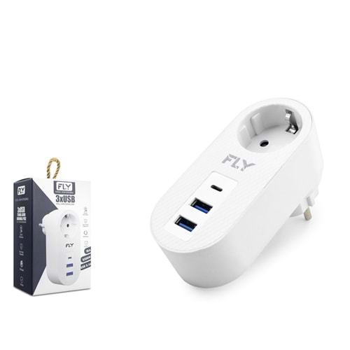 FLY 3400-01 Termal Akım Korumalı Priz Adaptörü 1 Priz + 2x USB + Type-C 2.1A - Beyaz
