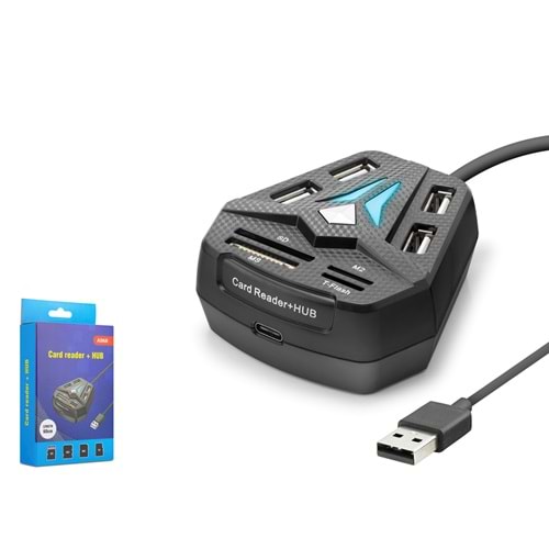 HADRON A068B USB Combo Hub Kart Okuyucu 8 Port Siyah