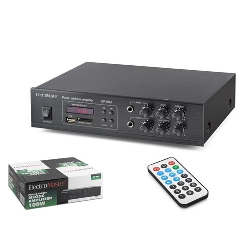 ELECTRO MASTER EP60U 100V Hat Trafolu Anfi 100W USB SD MMC MP3 Kumandalı Siyah