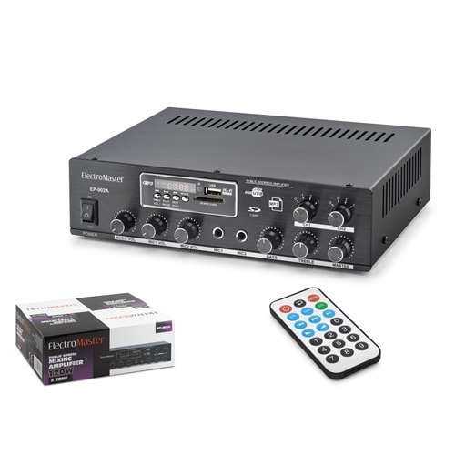 ELECTRO MASTER EP902A 100V Hat Trafolu Anfi 2 Zone 120W USB SD MMC MP3 Bluetooth Kumandalı Siyah