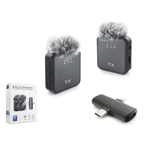 HADRON F15-2 Kablosuz Yaka Mikrofon Seti Type-C ve Lightning 2'li - Siyah