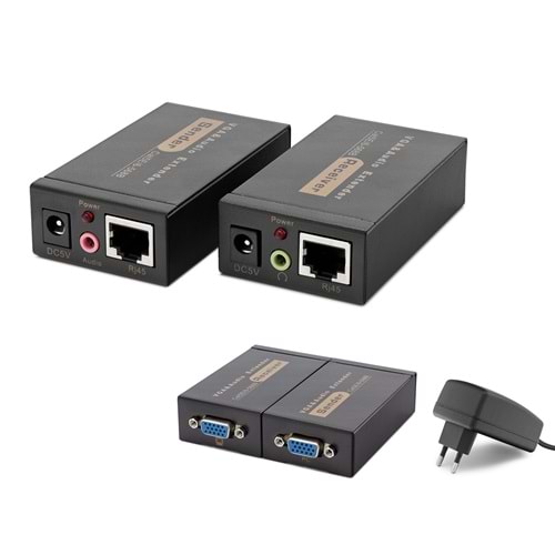 HADRON HDX1318 VGA ve 3.5 mm Ses RJ45 Extender Seti 100 m - Siyah