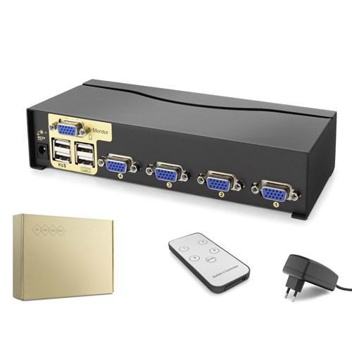 HADRON HDX1381 VGA KVM Switch 4 In 1 Out + 4 Port USB (Klavye/Mouse) Kumandalı - Siyah