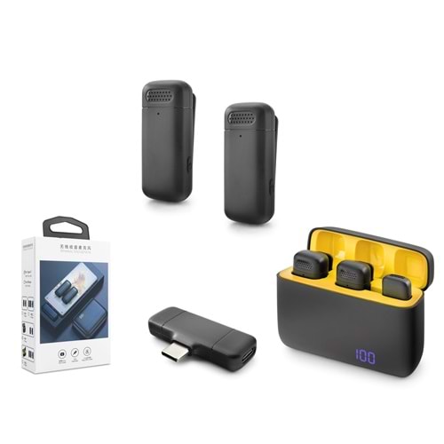 HADRON HDX2799 Kablosuz Yaka Mikrofon Seti Type-C 2'li Şarj Üniteli - Siyah