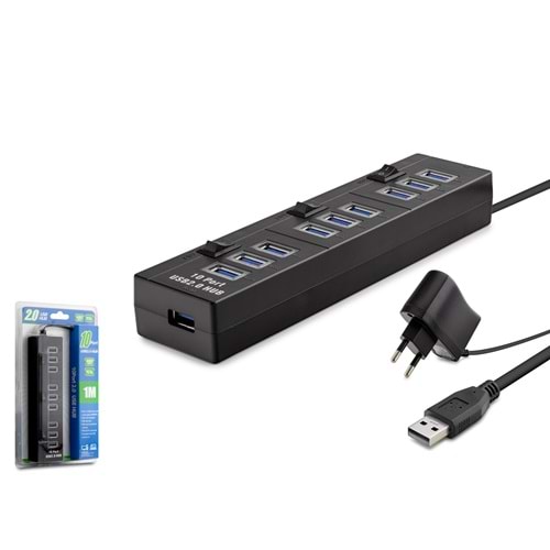 HADRON HDX7005 USB Hub Güç Adaptörlü Anahtarlı 10 Port 1 m - Siyah