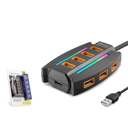 HADRON HDX7036 USB Hub 7 Renk LED 10 Port 1.2 m - Siyah