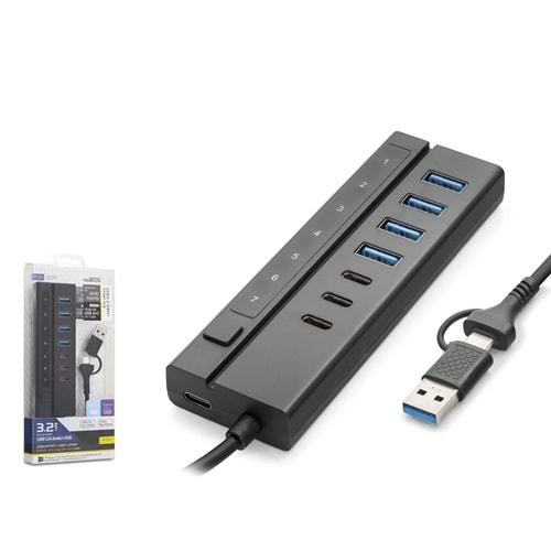HADRON HDX7062 iETOP USB 3.2 Gen1 & Type-C Hub Anahtarlı 8 Port 5 Gbps - Siyah