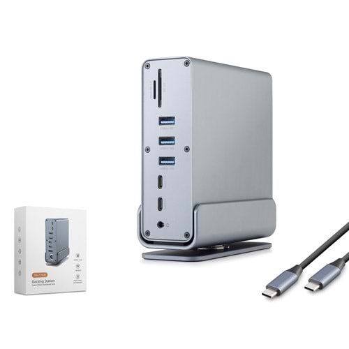 HADRON HDX7065 Type-C 3.0 Combo Hub Docking Station HDMI 4K 60Hz DP LAN USB AUX Kart Okuyucu 16 Port 5 Gbps Gri