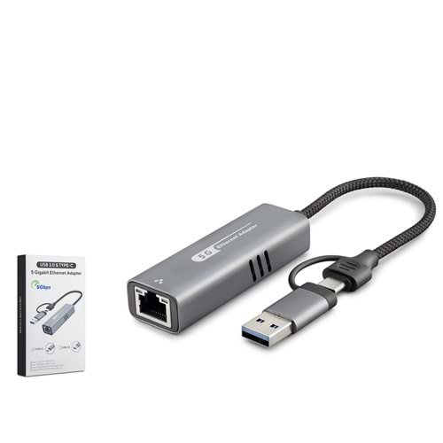 HADRON HDX7850 USB 3.0 & Type-C Ethernet Adaptör 5 Gbps - Gri