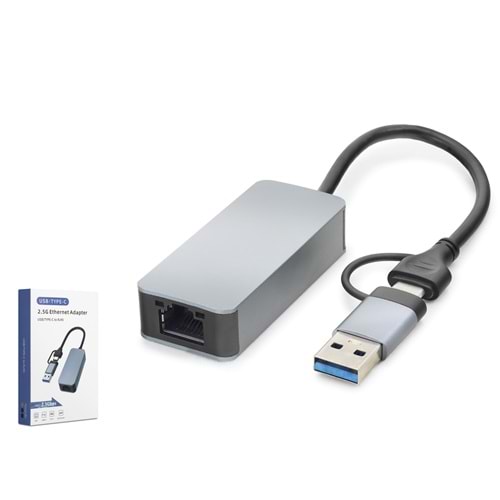 HADRON HDX7865 USB 3.0 & Type-C Ethernet Adaptör 2.5 Gbps - Gri