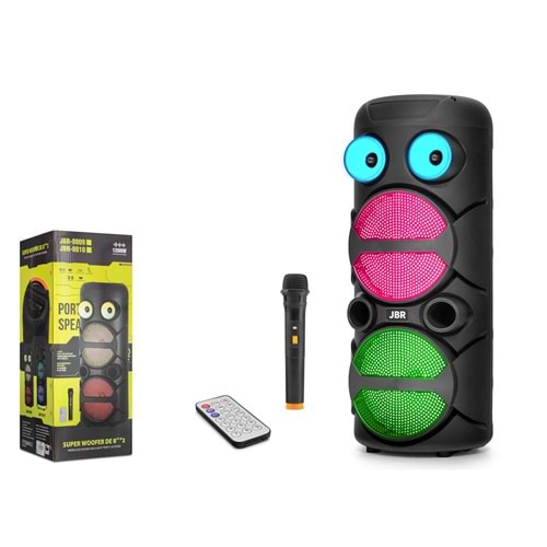 JBR JBR8809 Bluetooth Hoparlör FM Radyo 2x8 İnç USB TF AUX RGB Mikrofonlu Kumandalı - Siyah