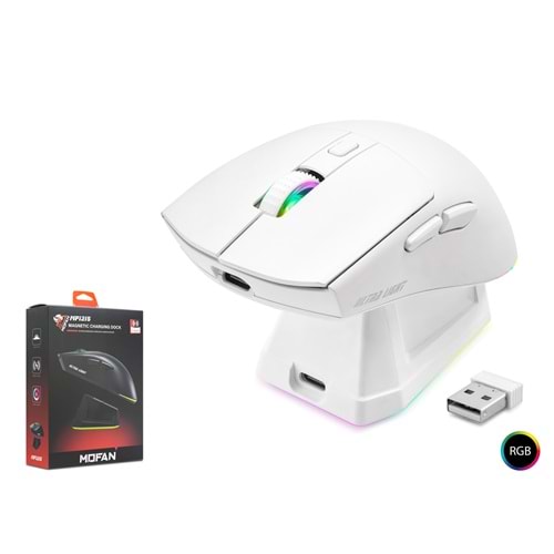 MOFAN MF1215W Kablosuz Gaming RGB Mouse Şarj Standlı - Beyaz