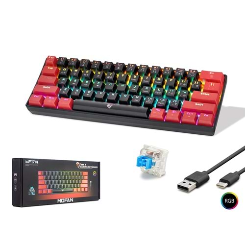 MOFAN MF1701BR Gaming Mekanik RGB Klavye Blue Switch - Siyah Kırmızı